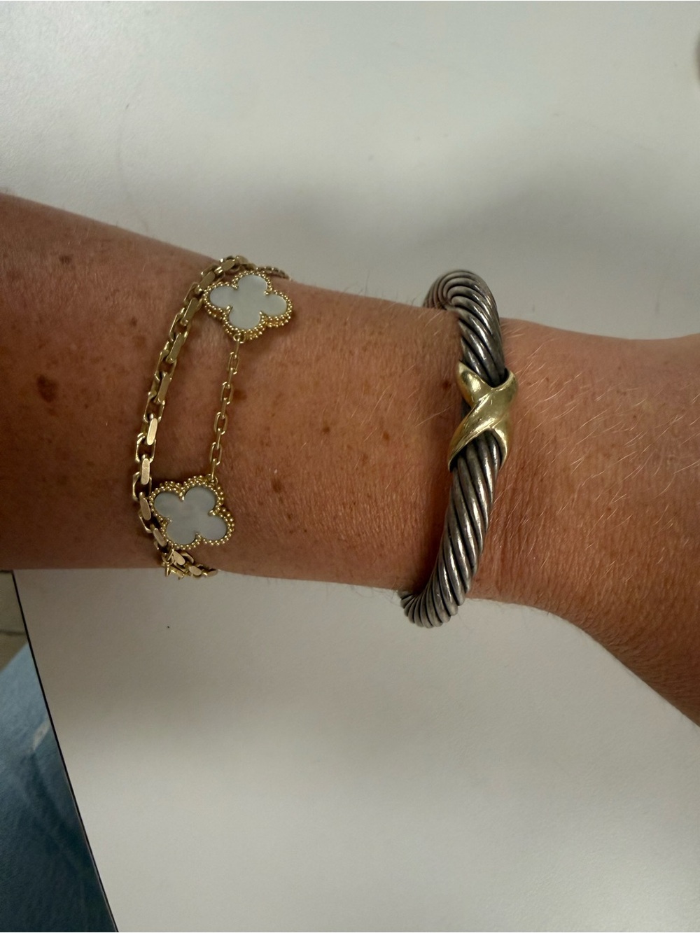 David Yurman Silver Cable Cuff Bracelet with Gold X Accent - Picture 2 of 7